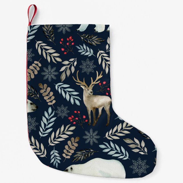 Watercolor Deer Bear Hand Drawn Small Christmas Stocking (Front)