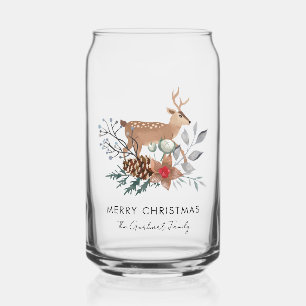 Watercolor Deer Botanical Christmas Holiday Custom Can Glass