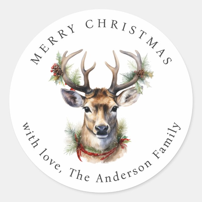 Watercolor Deer Christmas Classic Round Sticker (Front)