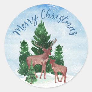 Watercolor Deer Christmas Classic Round Sticker