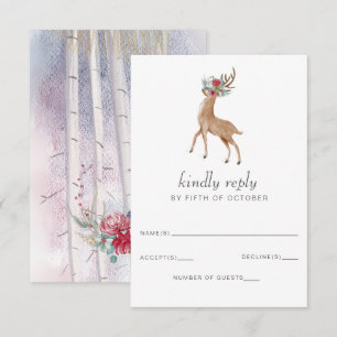 Watercolor Deer Floral Antler Pine Winter Wedding RSVP Card
