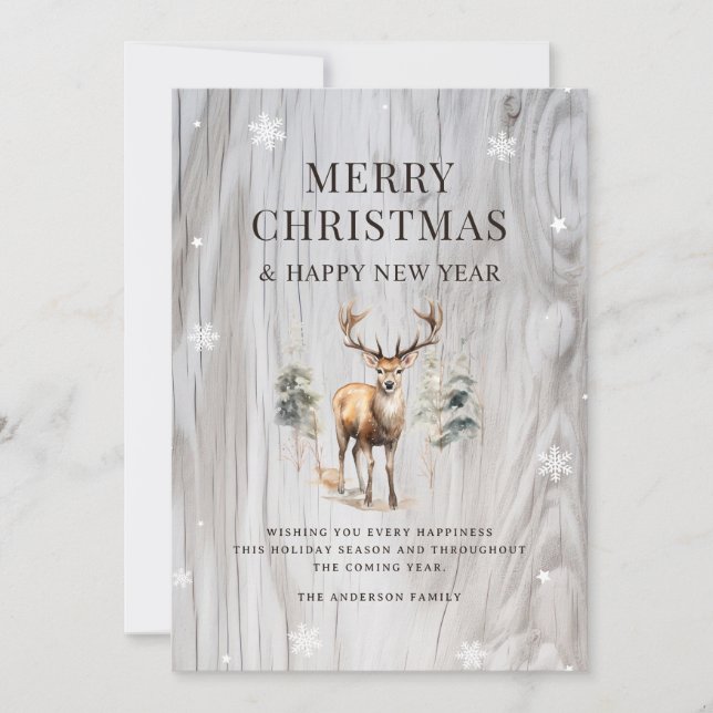 Watercolor Deer Forest Wood Snowflake Holiday Card (Front)
