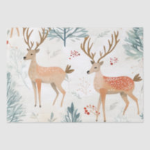 Watercolor Deer In Winter Forest Christmas