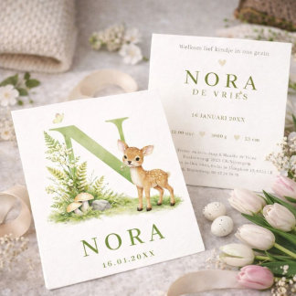 Watercolor Deer Monogram N Birth Card