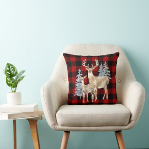 Watercolor Deer On Buffalo Plaid Throw Pillow
