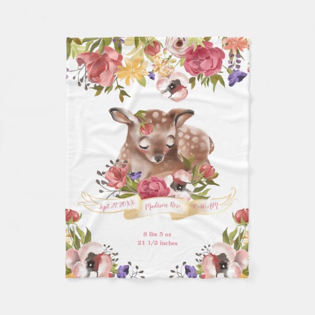 Watercolor Deer Personalized Birth Fleece Blanket (Front)