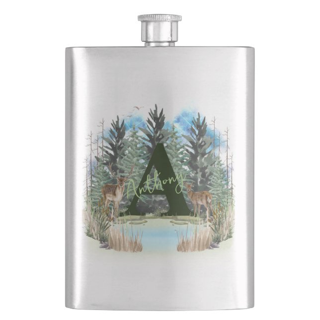 Watercolor Deer Personalized Monogram Letter A Hip Flask (Front)