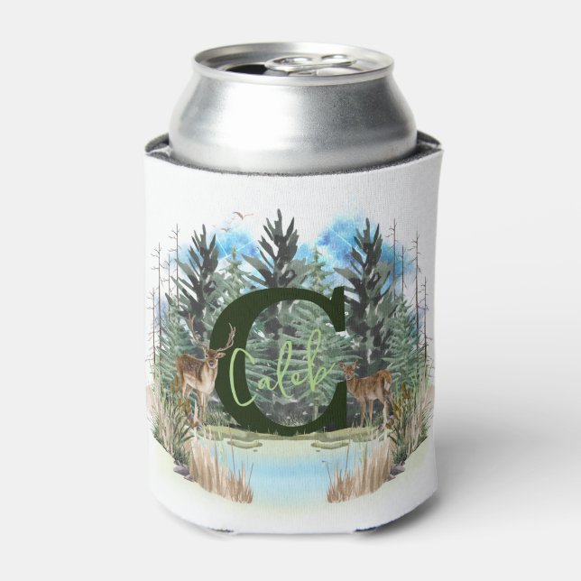 Watercolor Deer Personalized Monogram Letter C Can Cooler (Can Front)