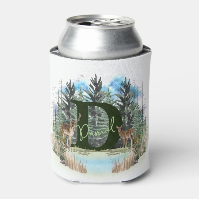 Watercolor Deer Personalized Monogram Letter D Can Cooler (Can Front)