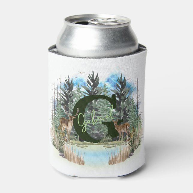 Watercolor Deer Personalized Monogram Letter G Can Cooler (Can Front)