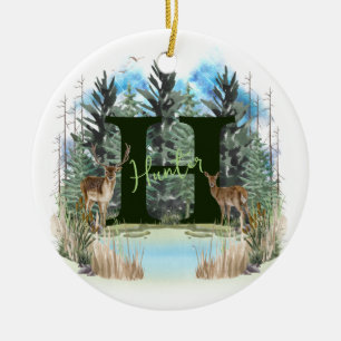 Watercolor Deer Personalized Monogram Letter H Ceramic Ornament