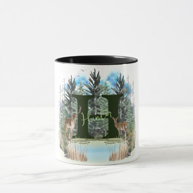Watercolor Deer Personalized Monogram Letter H Mug (Center)