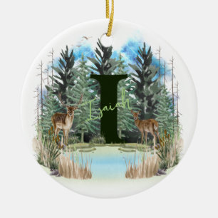 Watercolor Deer Personalized Monogram Letter I Ceramic Ornament
