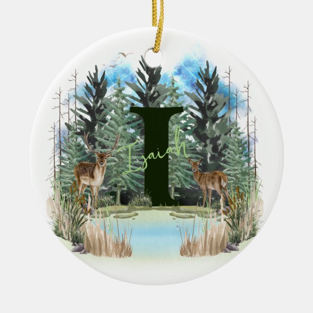 Watercolor Deer Personalized Monogram Letter I Ceramic Ornament (Front)
