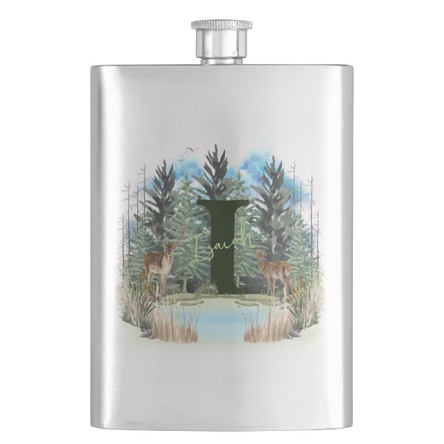 Watercolor Deer Personalized Monogram Letter I Hip Flask (Front)