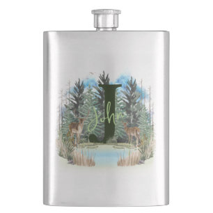 Watercolor Deer Personalized Monogram Letter J Hip Flask