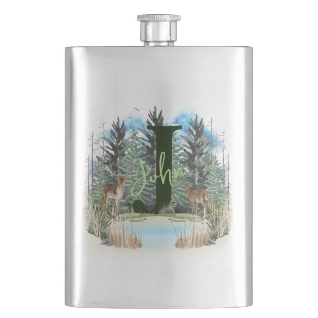 Watercolor Deer Personalized Monogram Letter J Hip Flask (Front)