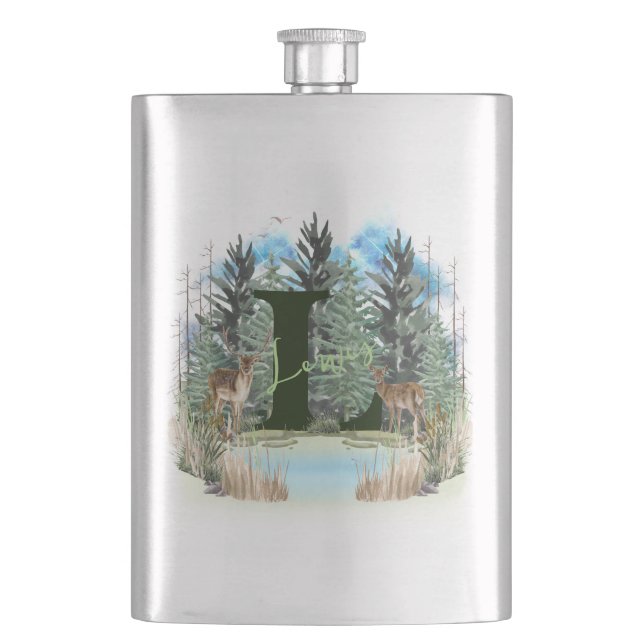 Watercolor Deer Personalized Monogram Letter L Hip Flask (Front)