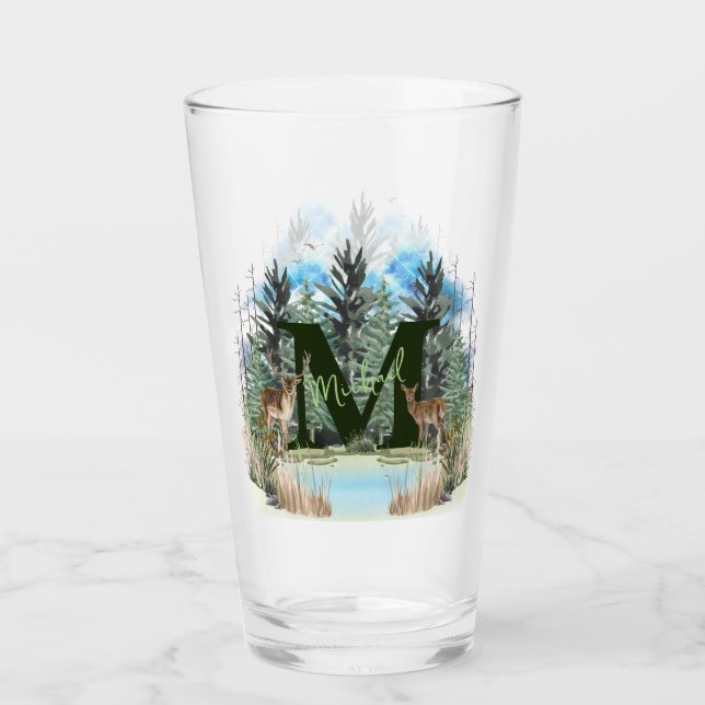 Watercolor Deer Personalized Monogram Letter M Glass (Front)