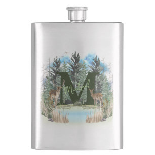 Watercolor Deer Personalized Monogram Letter M Hip Flask