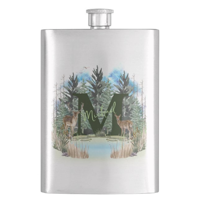 Watercolor Deer Personalized Monogram Letter M Hip Flask (Front)