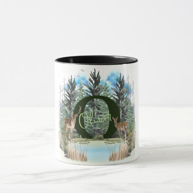 Watercolor Deer Personalized Monogram Letter O Mug (Center)