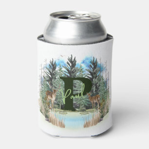 Watercolor Deer Personalized Monogram Letter P Can Cooler
