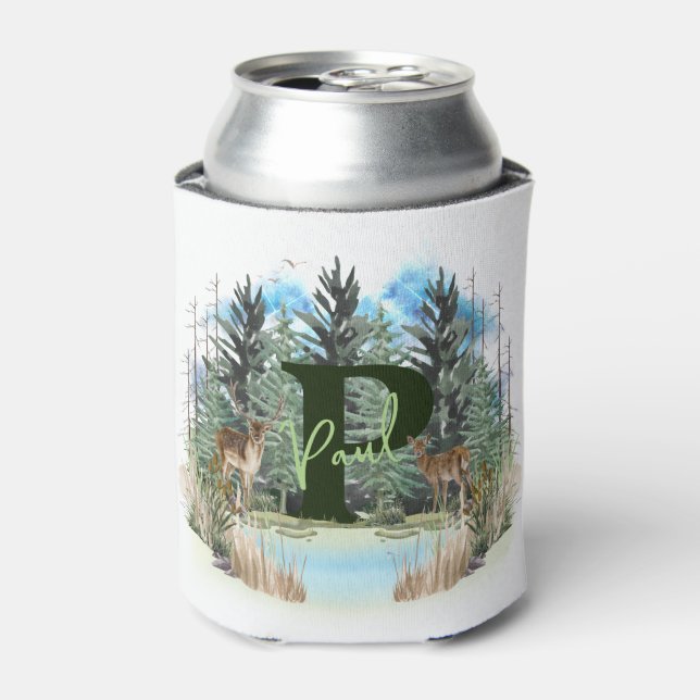 Watercolor Deer Personalized Monogram Letter P Can Cooler (Can Front)