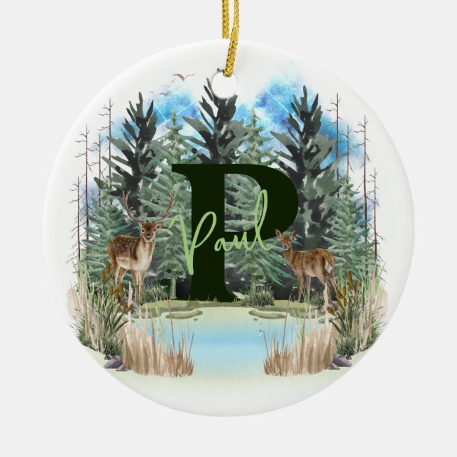 Watercolor Deer Personalized Monogram Letter P Ceramic Ornament (Front)