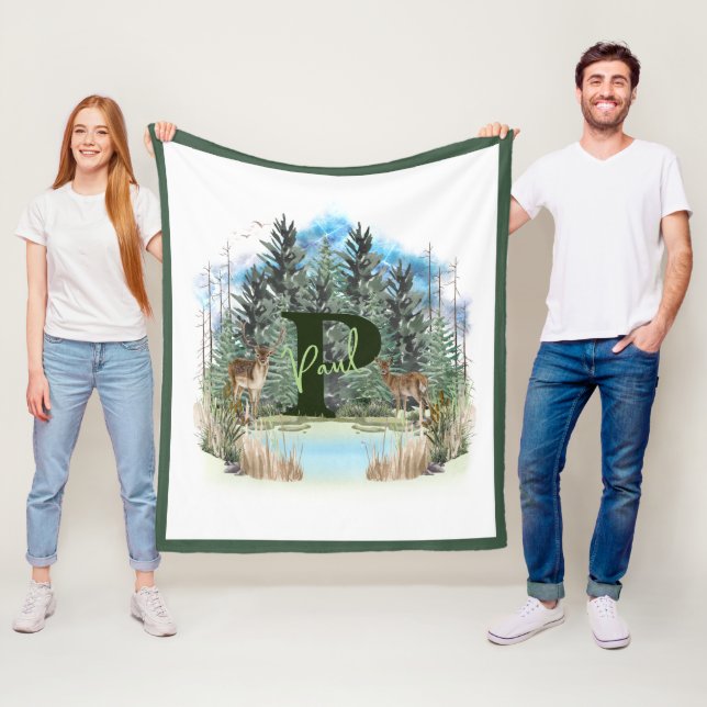Watercolor Deer Personalized Monogram Letter P Fleece Blanket (In Situ)