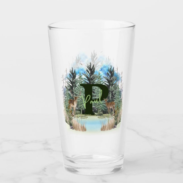 Watercolor Deer Personalized Monogram Letter P Glass (Front)