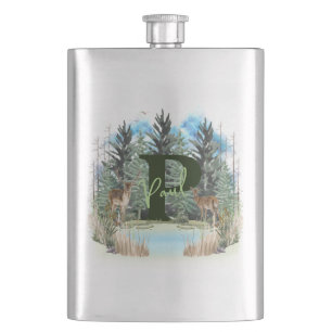 Watercolor Deer Personalized Monogram Letter P Hip Flask