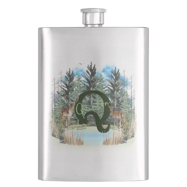 Watercolor Deer Personalized Monogram Letter Q Hip Flask (Front)
