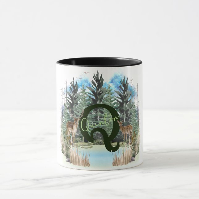 Watercolor Deer Personalized Monogram Letter Q Mug (Center)