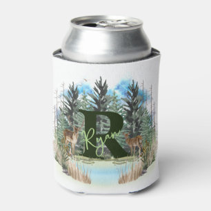 Watercolor Deer Personalized Monogram Letter R Can Cooler