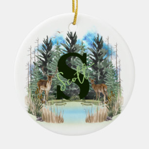 Watercolor Deer Personalized Monogram Letter S Ceramic Ornament