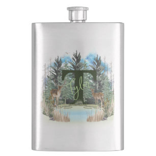 Watercolor Deer Personalized Monogram Letter T Hip Flask