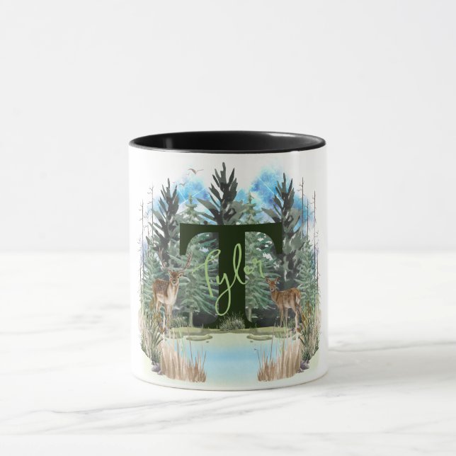 Watercolor Deer Personalized Monogram Letter T Mug (Center)