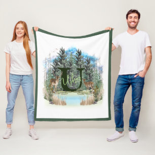 Watercolor Deer Personalized Monogram Letter U Fleece Blanket