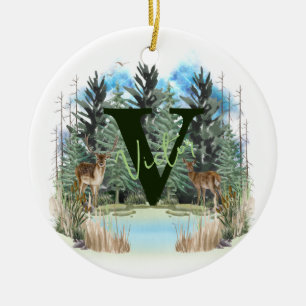 Watercolor Deer Personalized Monogram Letter V Ceramic Ornament