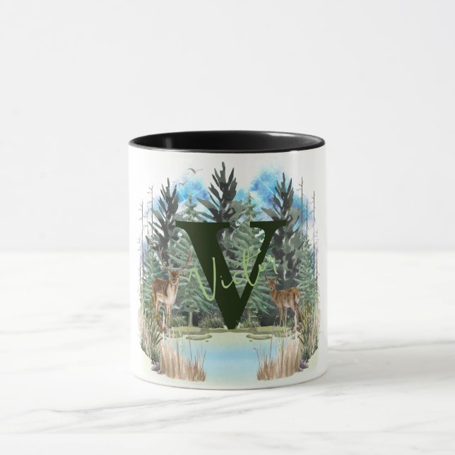 Watercolor Deer Personalized Monogram Letter V Mug (Center)