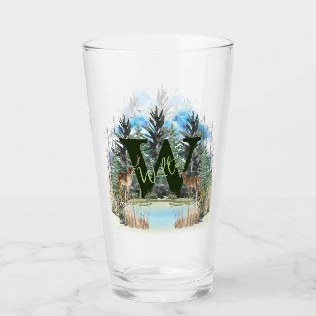 Watercolor Deer Personalized Monogram Letter W Glass (Front)