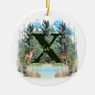 Watercolor Deer Personalized Monogram Letter X Ceramic Ornament