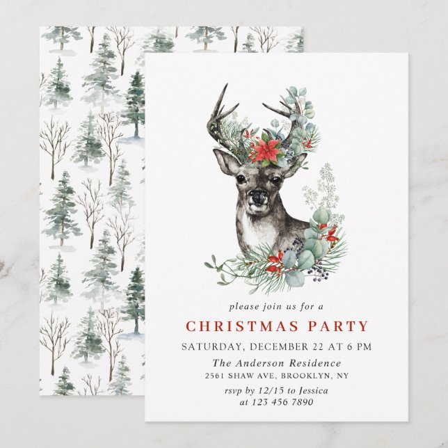 Watercolor Deer Poinsettia Wreath Christmas Party Invitation (Front/Back)