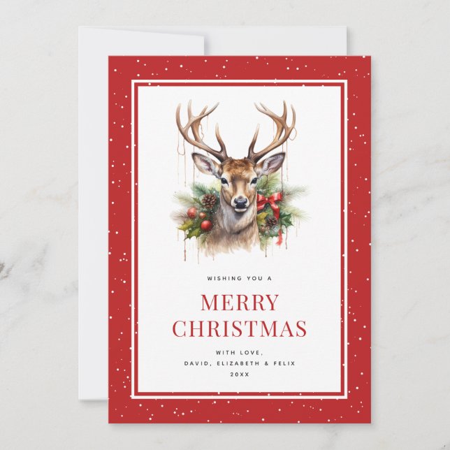 Watercolor Deer Snowy Red Merry Christmas Holiday Card (Front)