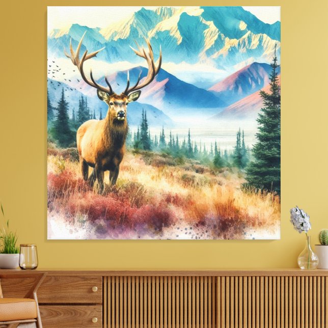 Watercolor Deer with Antlers  Canvas Print (Insitu(LivingRoom))