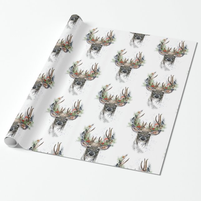 Watercolor Deer with Christmas Antlers Wrapping Wrapping Paper (Unrolled)