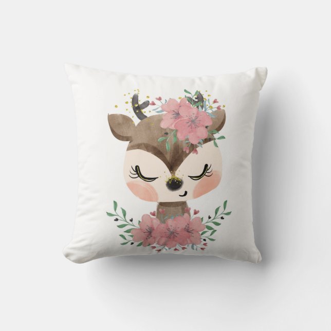Watercolor Deer with Florals Throw Pillow (Front)