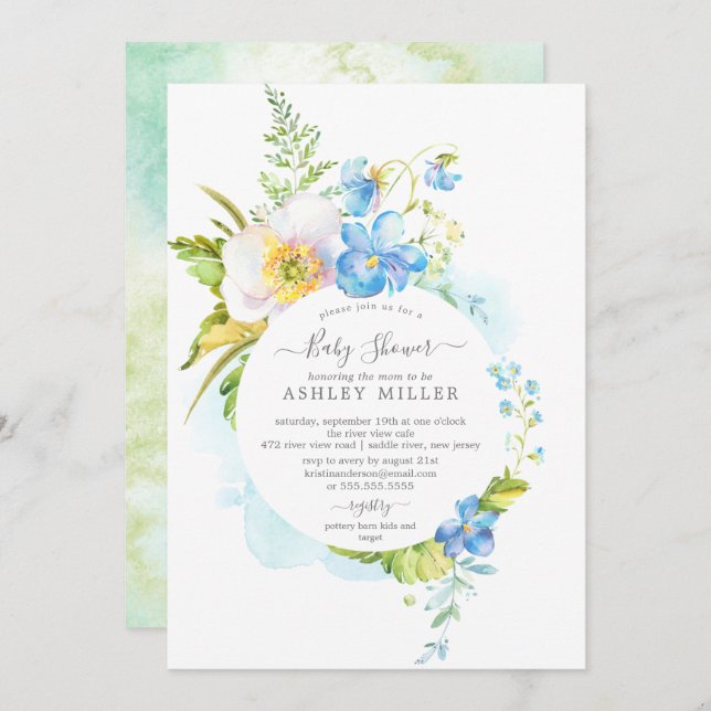 Watercolor Delicate Floral Baby Shower Invitation (Front/Back)