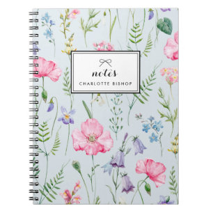 Watercolor Delicate Flowers Foliage Pattern Blue Notebook